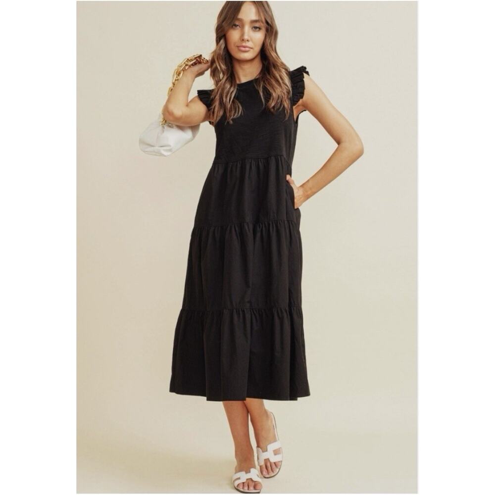 Nation LTD Sissy‎ Ruffled Tiered Midi Sundress Black XS Boho Preppy Classic
